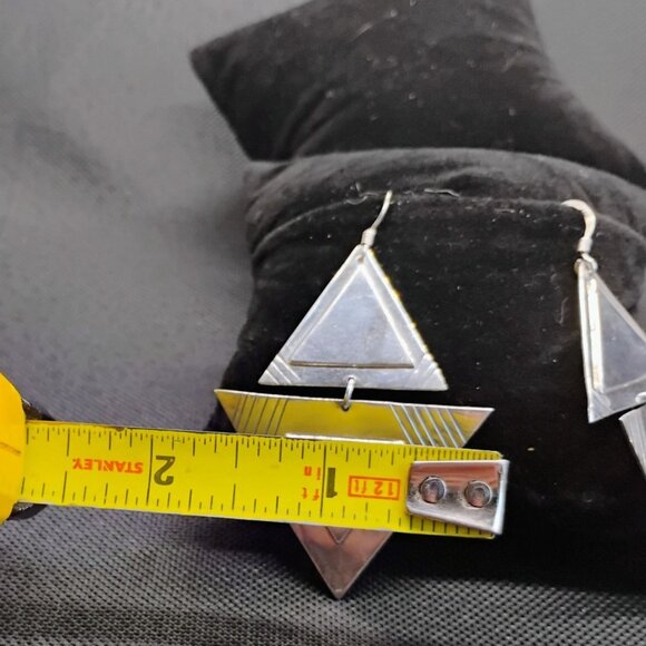 Modernist Geometric Sterling Silver Connected Dangle Triangle Earrings 3D 18.1g - Picture 5 of 7
